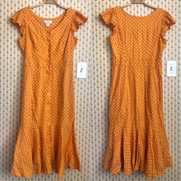 Rachel Parcell Linen Button-Down Polkadot Ruffle Midi Dress | Small - Picture 2 of 5